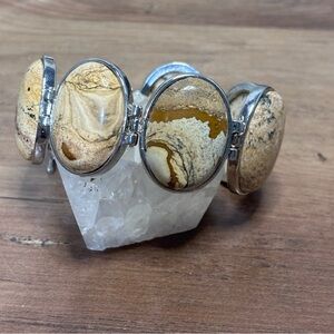 Beautiful Picture Jasper Oval Link Silver Tone Panel Bracelet